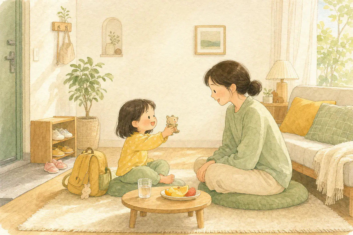 하원한 아이가 놀잇감을 보여 주고 보호자가 같은 눈높이에서 기다려 듣는 수채 일러스트