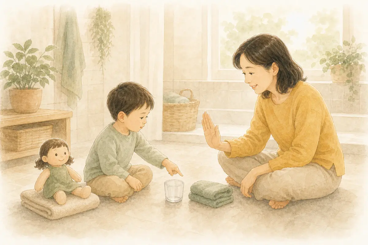 보호자와 아이가 마른 욕실에서 빈 물컵과 수건을 고르며 멈춤 신호를 연습하는 수채 일러스트
