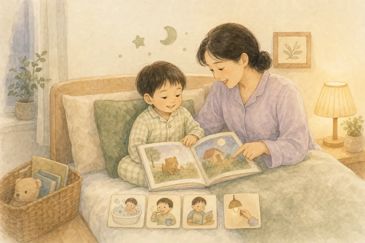 잠옷을 입은 아이가 보호자와 침대에서 그림책 한 권을 함께 읽는 수채 일러스트