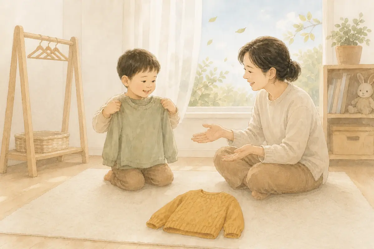 아이가 날씨에 맞는 두 벌의 옷 중 한 벌을 고르고 보호자가 기다려 주는 수채 일러스트