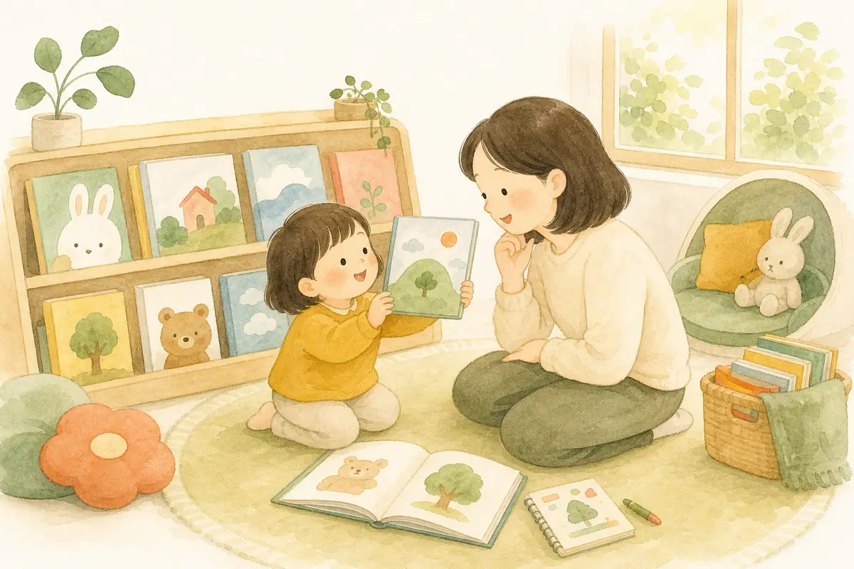 아이가 낮은 책장에서 고른 그림책을 보호자와 함께 살펴보는 수채 일러스트