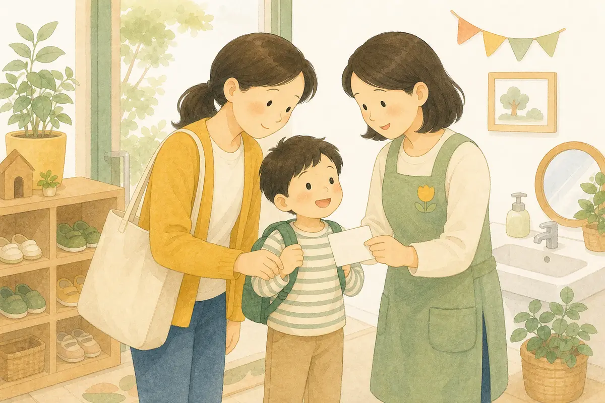 회복한 아이와 보호자와 교사가 어린이집 현관에서 복귀 준비를 확인하는 수채 일러스트