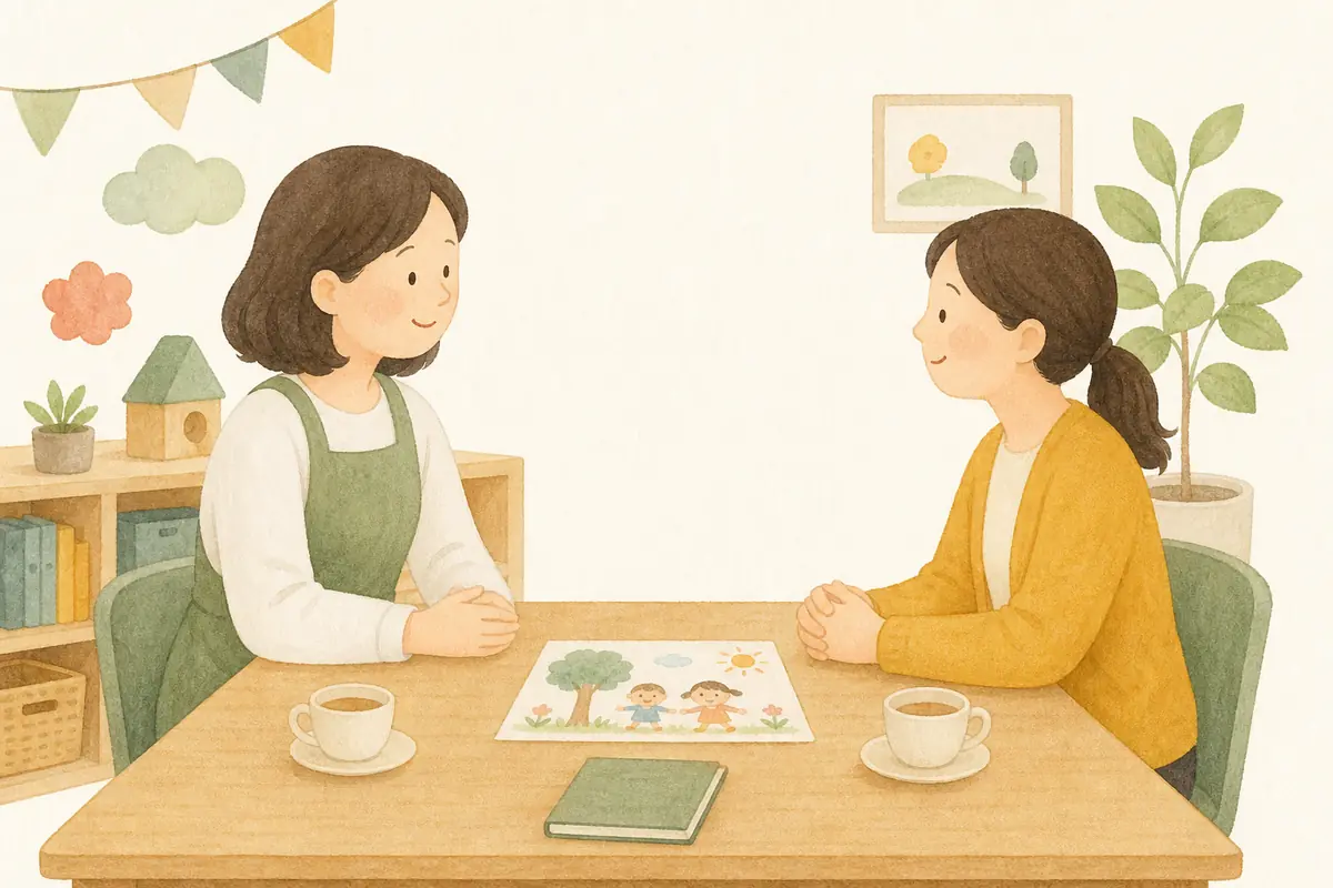 보호자와 교사가 어린이집 안전사고 진료 서류와 공제 처리 순서를 함께 확인하는 수채 일러스트