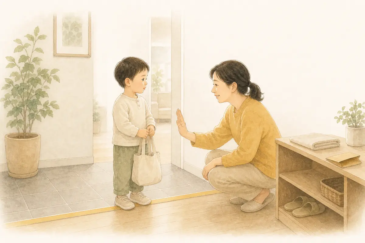 아이가 현관 안전 경계선에서 멈추고 보호자와 첫 심부름 약속을 확인하는 수채 일러스트