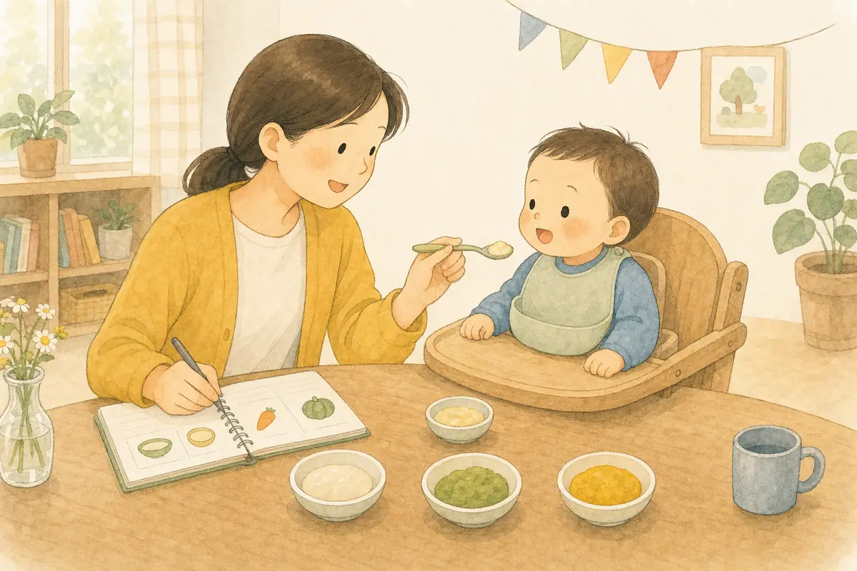 부모가 아기에게 부드러운 새 음식을 하나씩 주며 그림 기록을 남기는 수채 일러스트