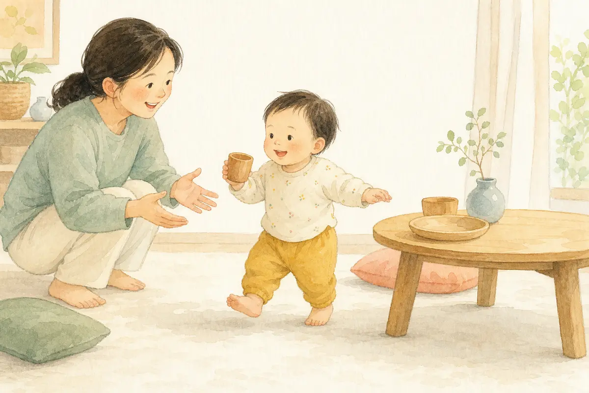 생후 12~18개월 아이가 보호자를 향해 첫걸음을 걷는 수채 일러스트