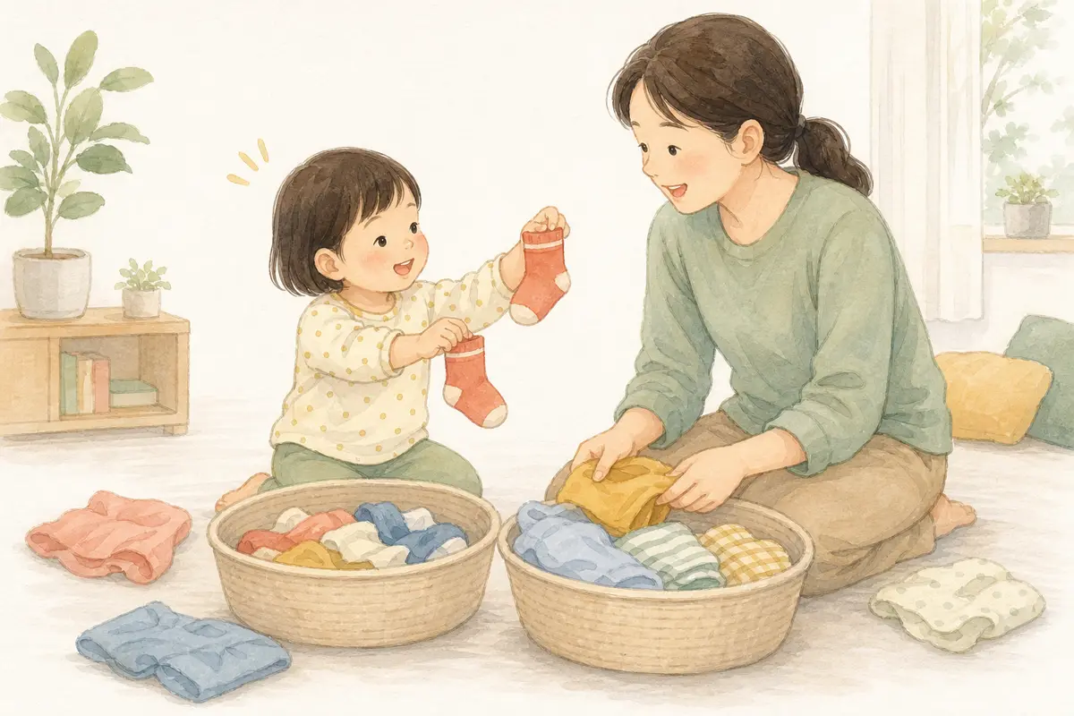 생후 30~36개월 아이가 보호자와 양말 짝을 맞추고 빨래를 나누는 수채 일러스트