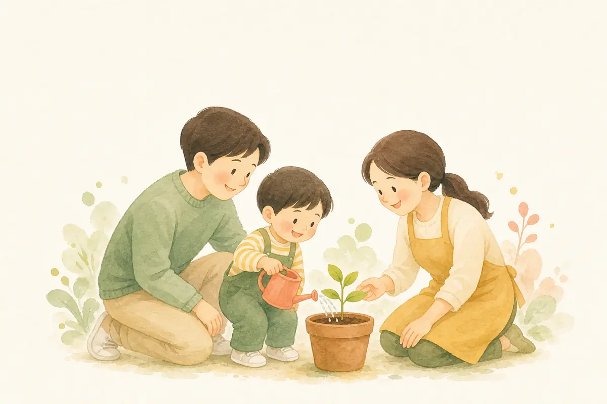 부모와 아이와 교사가 함께 작은 새싹을 돌보는 수채 일러스트