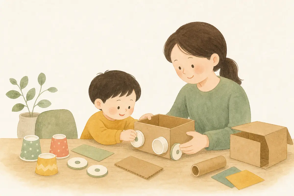 부모와 아이가 종이상자로 자동차를 만드는 수채 일러스트