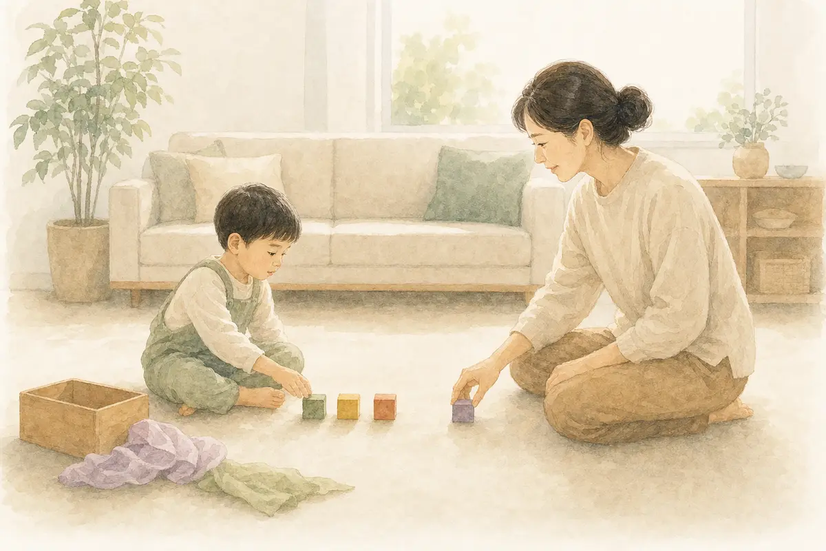 보호자가 아이 옆에서 블록 놓기를 따라 하며 다음 놀이 신호를 기다리는 수채 일러스트