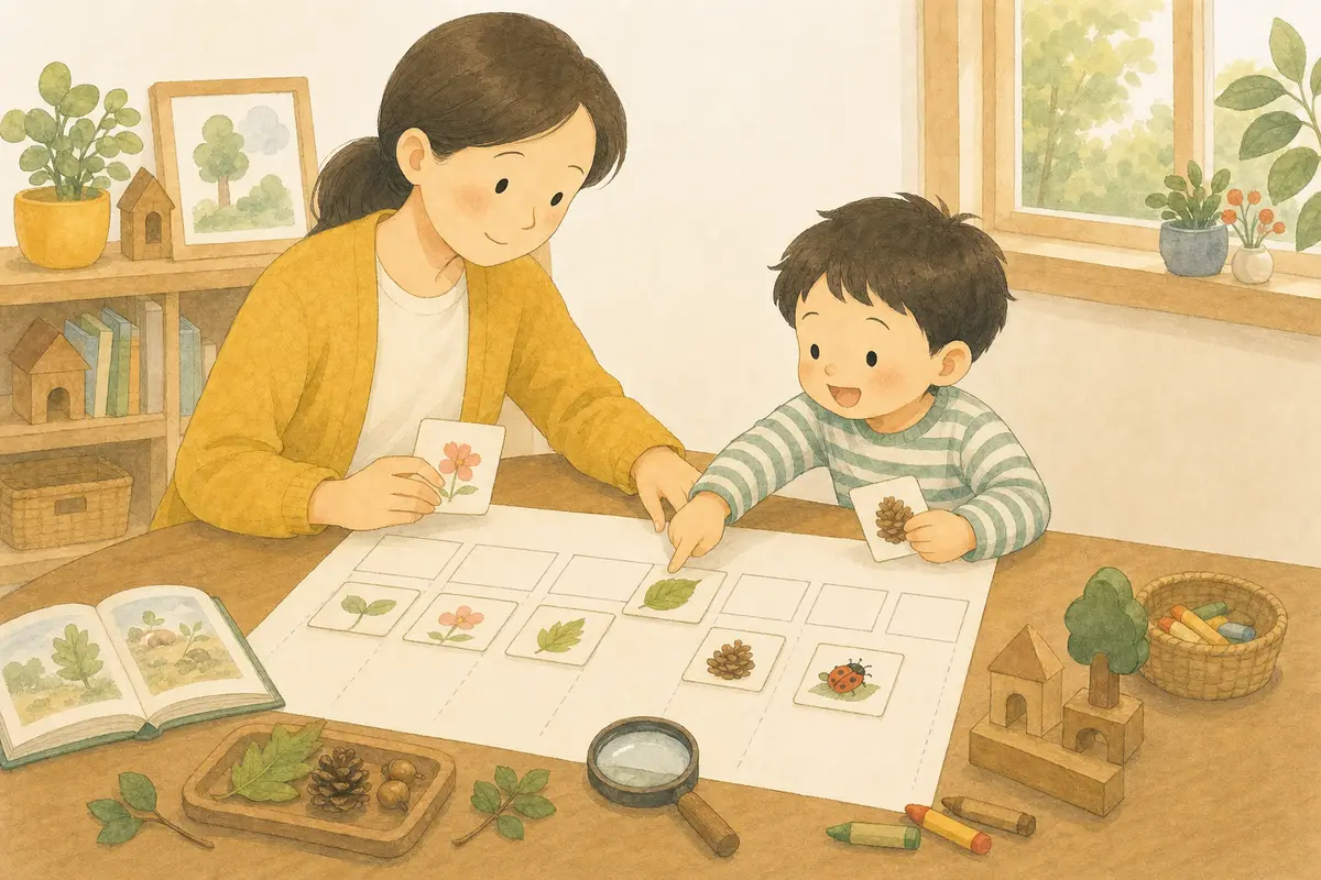 보호자와 아이가 자연물 그림 카드로 월간 홈스쿨 놀이를 계획하는 수채 일러스트