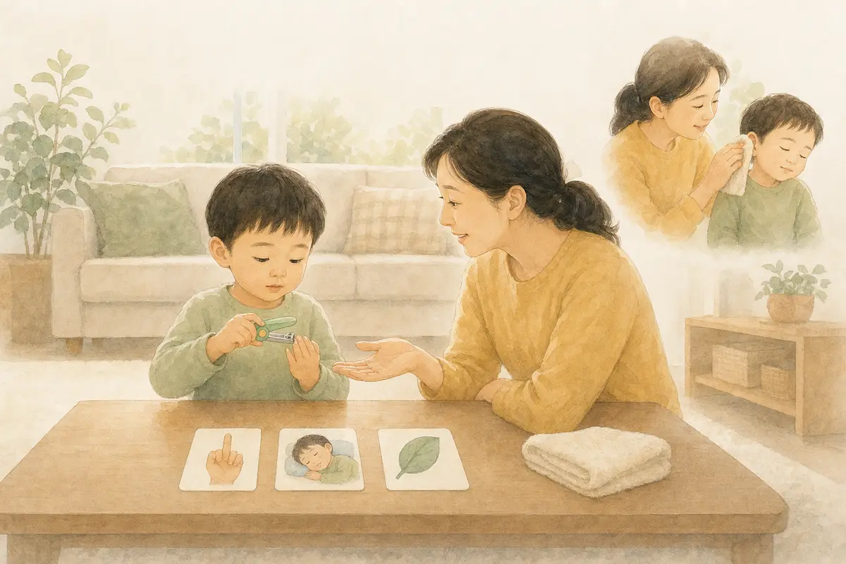 아이가 보호자 곁에서 손톱 관리 도구를 천천히 살펴보고 귀 바깥쪽 닦기를 연습하는 수채 일러스트