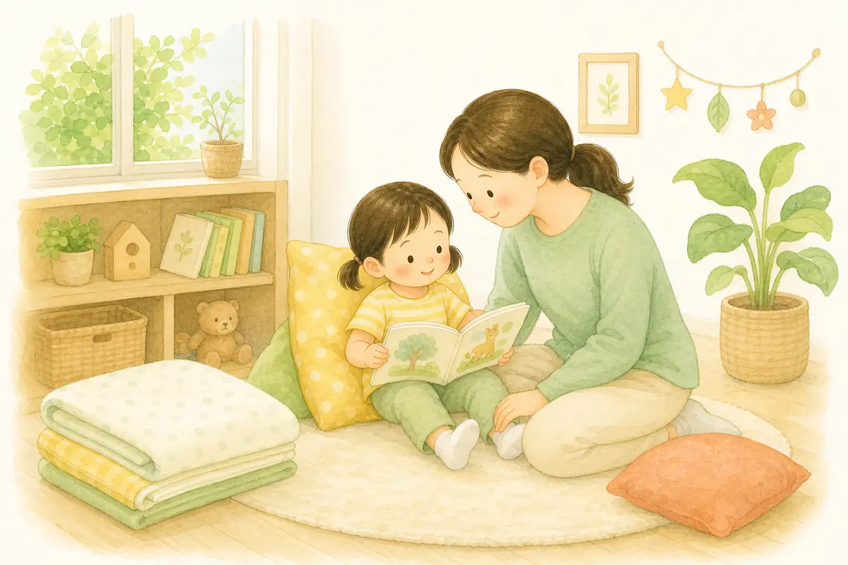 낮잠을 졸업해 가는 아이가 보호자와 그림책을 보며 조용히 쉬는 수채 일러스트