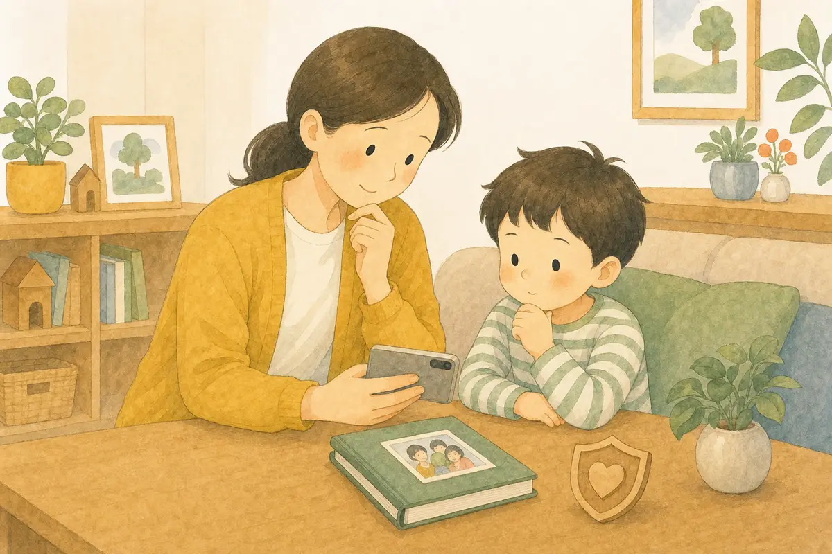 보호자와 아이가 사진첩과 보호 방패 곁에서 사진 공유 여부를 함께 생각하는 수채 일러스트