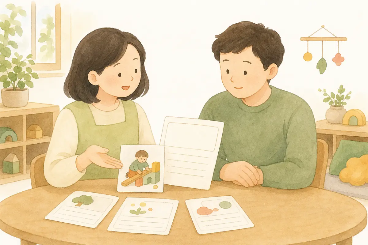 교사와 부모가 아이의 블록 놀이 장면과 배움 기록을 함께 살펴보는 수채 일러스트