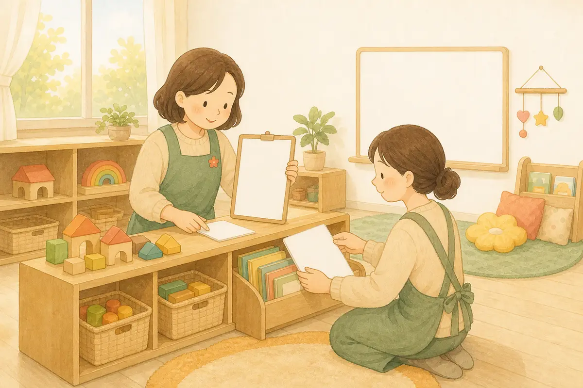 두 교사가 2학기 시작 전 낮은 교구장과 교실 환경을 함께 점검하는 수채 일러스트