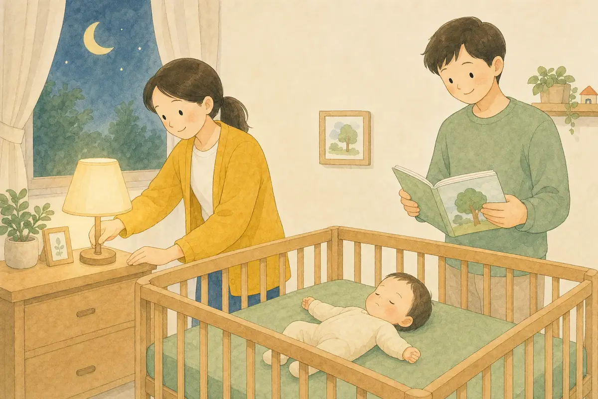 부모가 안전한 아기 침대 곁에서 조명과 그림책으로 잠자리 루틴을 준비하는 수채 일러스트