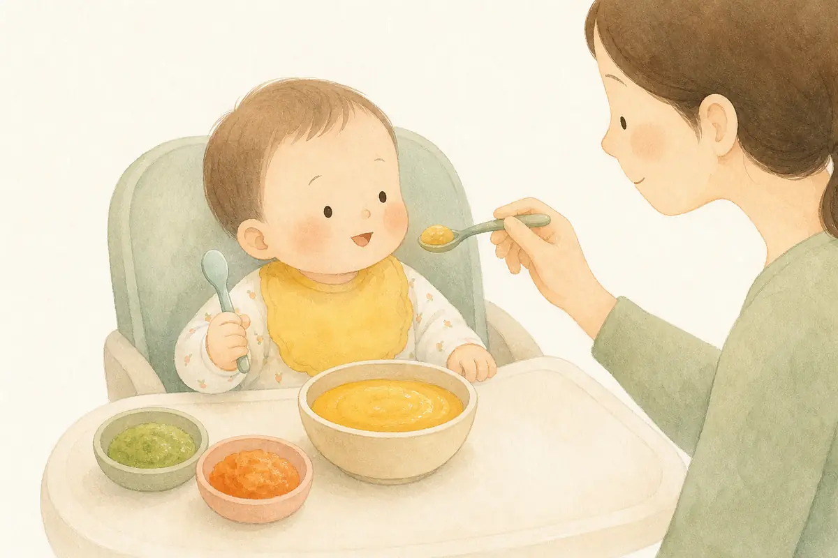 아기가 보호자와 함께 숟가락으로 이유식을 먹는 수채 일러스트