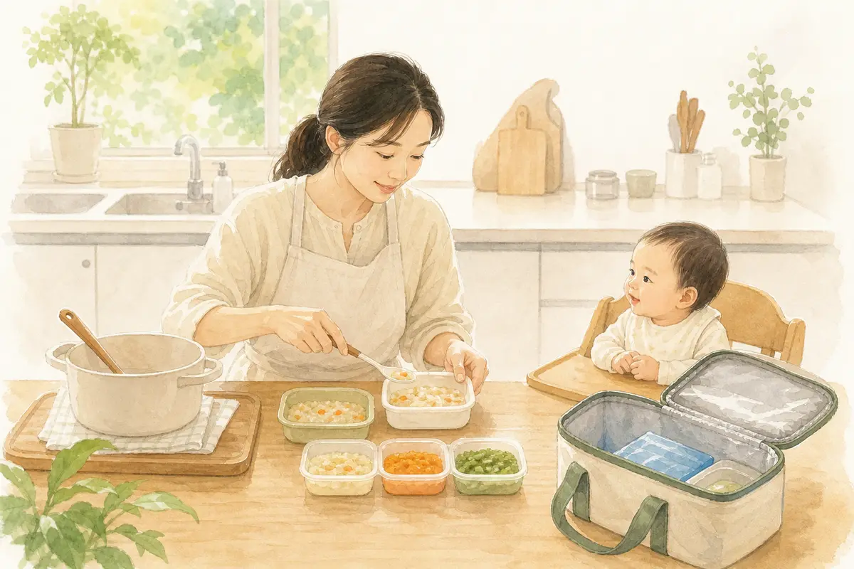 보호자가 이유식을 한 끼씩 나누고 아이스팩이 든 보냉가방을 준비하는 수채 일러스트