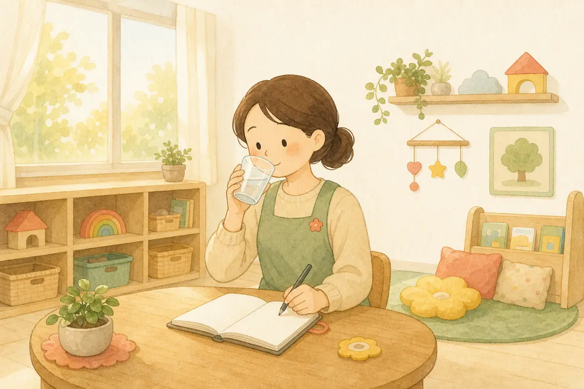 하루 일과를 마친 교사가 물을 마시며 수첩에 회복과 지원 요청을 기록하는 수채 일러스트