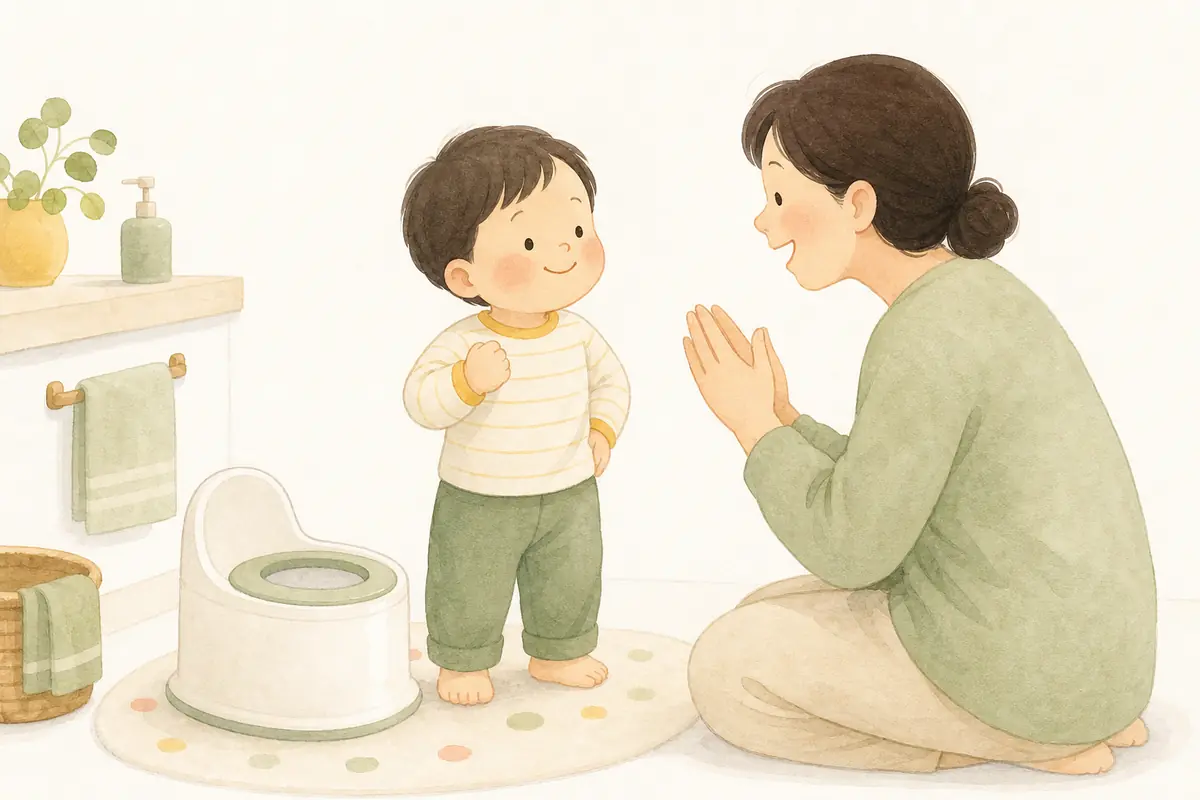 유아용 변기 옆에서 아이를 응원하는 보호자 수채 일러스트
