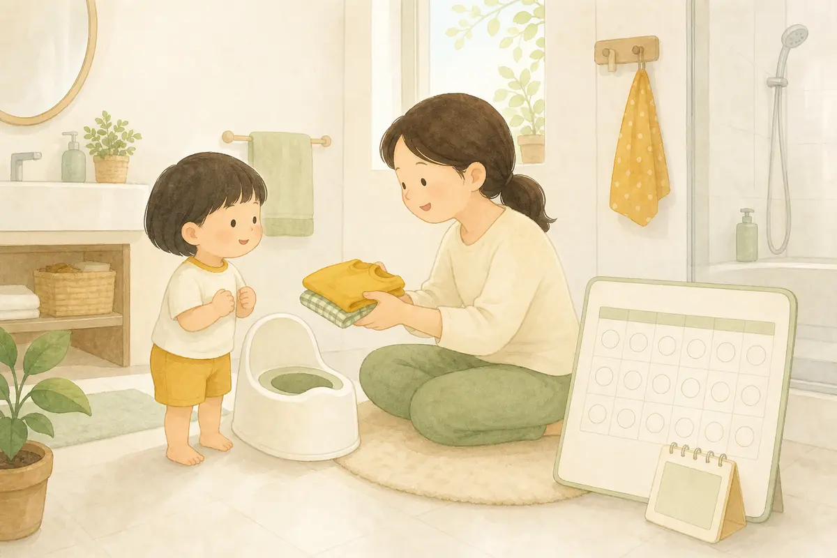 보호자가 유아용 변기 곁의 아이에게 여벌 옷을 건네며 차분히 안심시키는 수채 일러스트