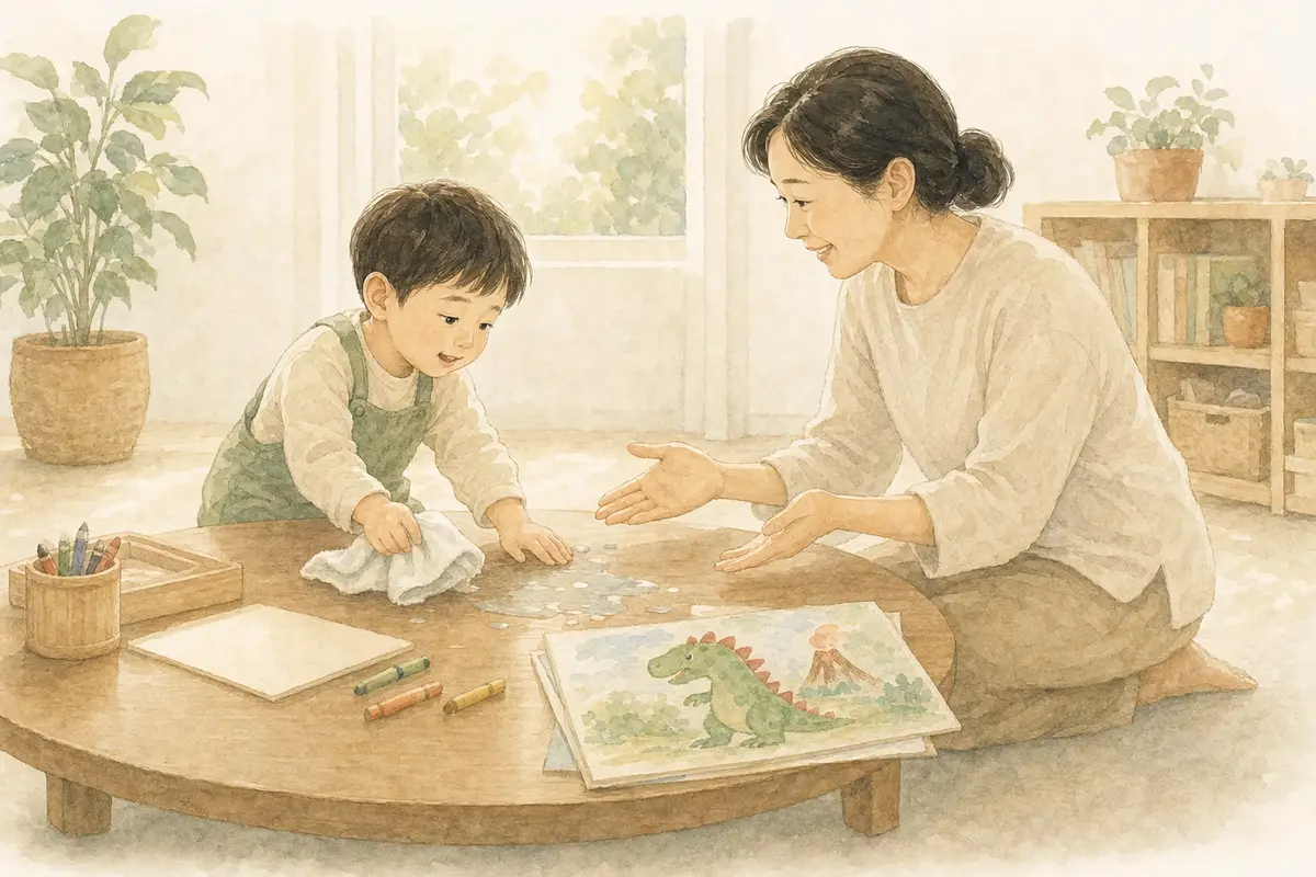 아이가 보호자와 함께 엎질러진 물을 닦으며 사실 말하기와 수습을 연습하는 수채 일러스트